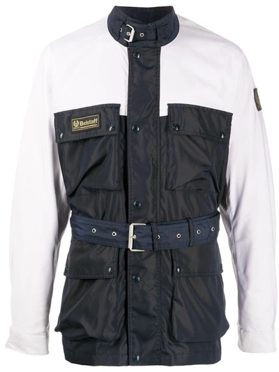 Belstaff Navy And White Belted Shell Jacket In Blue