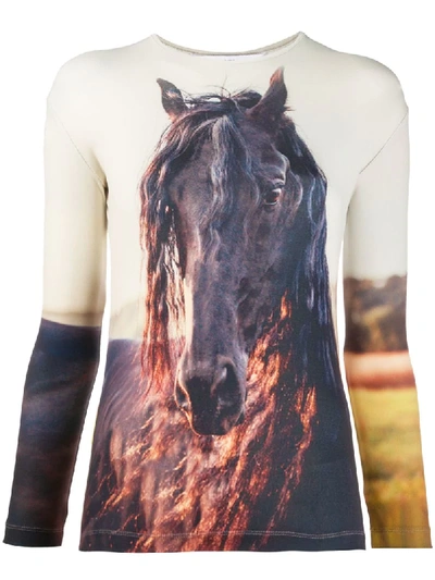 Pushbutton Long Sleeve Horse Print Top In Neutrals