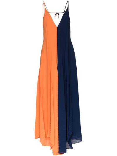 Roland Mouret Tusi Two Tone Pleated Crêpe Gown In Navy
