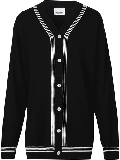 Burberry Stripe Detail Merino Wool Oversized Cardigan In Black