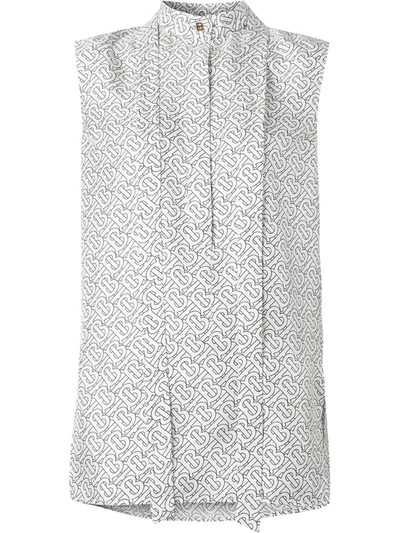 Burberry Sleeveless Monogram Print Silk Tie-neck Shirt In White