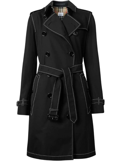 Burberry Topstitched Tropical Gabardine Trench Coat In Black