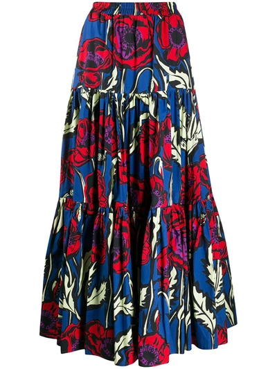 La Doublej Big Long Skirt A Line Flowers Fantasy W/flounce In Blue/red/white