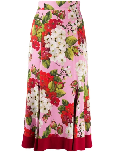 Dolce & Gabbana Geranium-print Silk-blend Charmeuse Midi Skirt In Floral Print