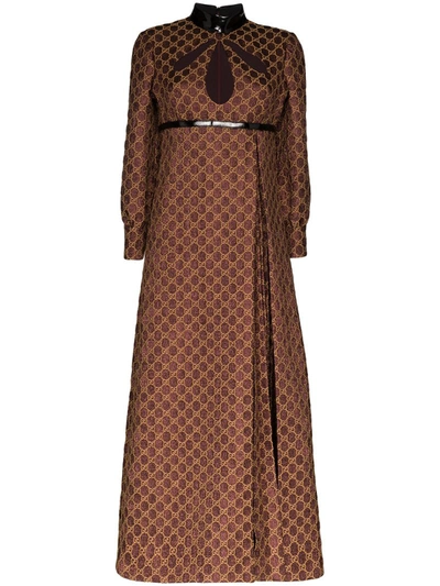 Gucci Cutout Gg-jacquard And Lurex Cotton-blend Dress In Brown