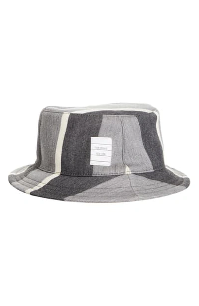 Thom Browne Stripe Wool & Cotton Bucket Hat In Med Grey