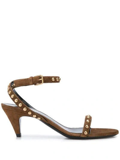 Saint Laurent Women's Kiki Studded Strap Mid-heel Sandals In Brown
