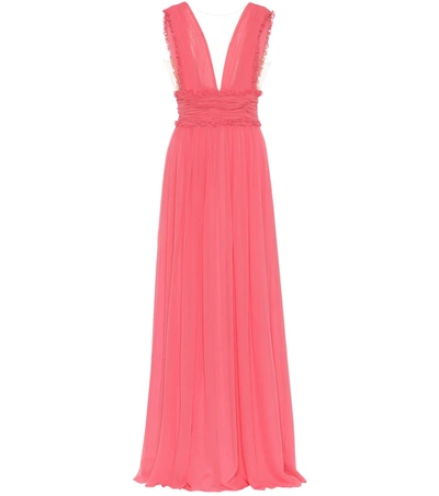 Costarellos Plissé Silk-blend Chiffon Gown In Pink