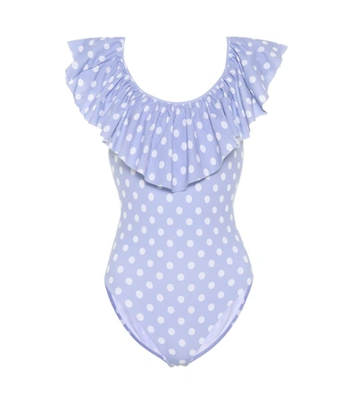 Caroline Constas Ari Ruffled Dotted Swimsuit In Blue | ModeSens