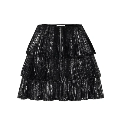 Saint Laurent Pleated Lamé Velvet Miniskirt In Black