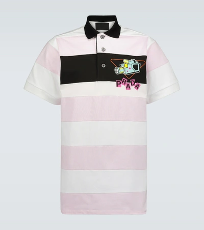 Prada Camera Print Striped Polo Shirt In Multicoloured