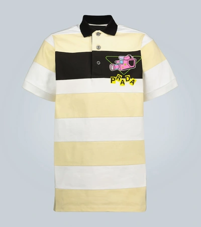 Prada Camera Printed Striped Polo Shirt In Multicoloured