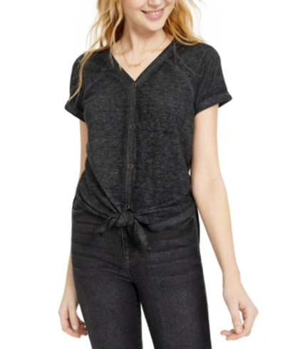 Almost Famous Juniors' Button-up Tie-front Tunic In Black