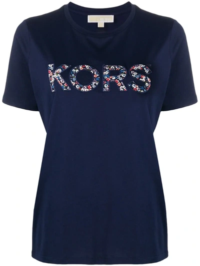 Michael Michael Kors Flower Print Designer Logo T-shirt In Navy Blue