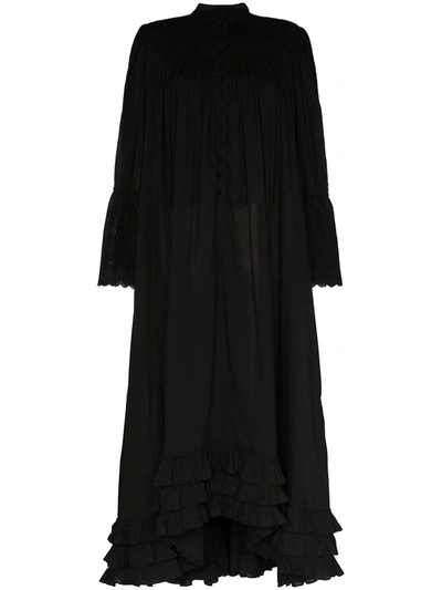 Mimi Prober Bronte High Neck Frilled Midi Dress In Black