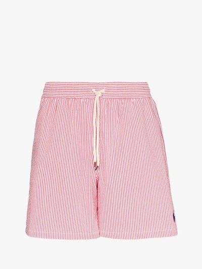 Polo Ralph Lauren Striped Polo Pony Swim Shorts In Red