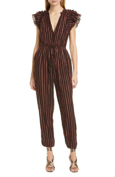 Ulla Johnson Elio Ruffle-trimmed Striped Cotton And Lurex-blend Jumpsuit In Chocolate