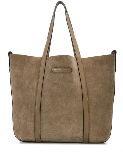 Brunello Cucinelli Suede Log Plaque Tote Bag In Brown