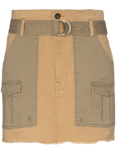 Frame Belted Frayed Two-tone Stretch-cotton Twill Mini Skirt In Brown