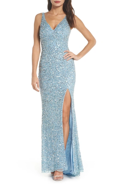 Mac Duggal Sequined V-neck Sleeveless Gown With High Slit In Powder Blue