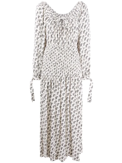 Saks Potts Mamasita Monogram Print Smocked Long Sleeve Midi Dress In White