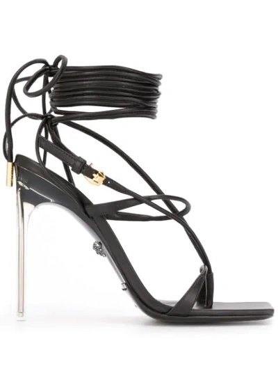 Versace 110mm Leather Lace-up Thong Sandals In Black