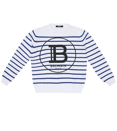 Balmain Kids' Logo Striped Cotton Sweater In White