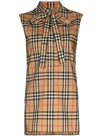 Burberry Vintage Check Sleeveless Tie-neck Shirt In Brown