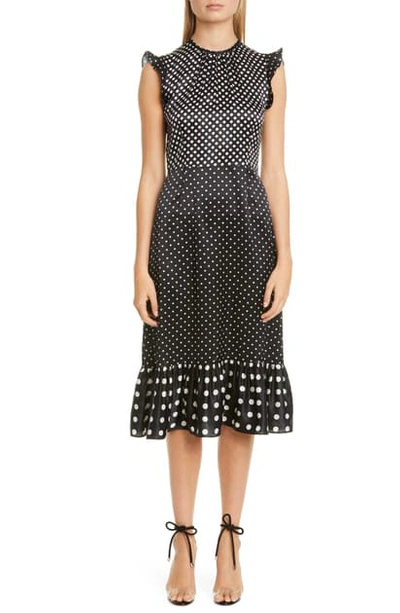 Altuzarra Flutter Sleeve Polka Dot Satin Midi Dress In Black Multi