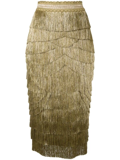 Dolce & Gabbana Metallic Fringe Stretch Silk Midi Skirt In Gold