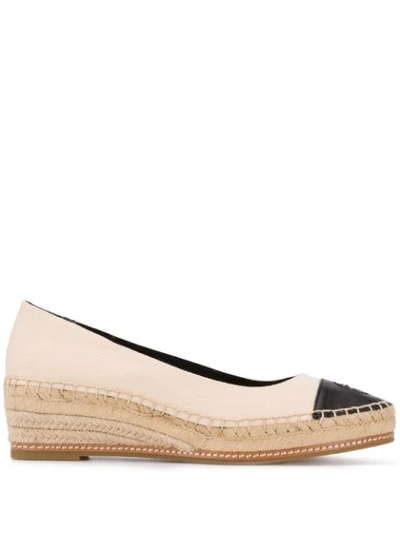 Tory Burch Perfect 50 Embroidered Leather-trimmed Canvas Wedge Espadrilles In Neutrals