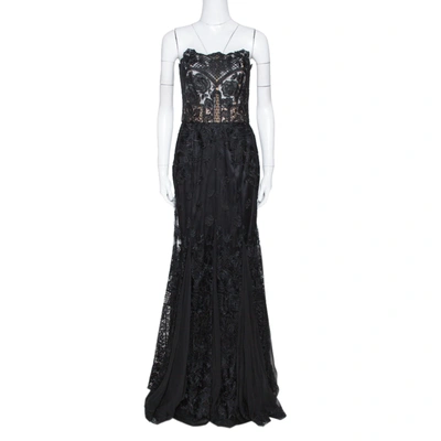 Pre-owned Dolce & Gabbana Black Floral Lace Bustier Detail Strapless Gown M