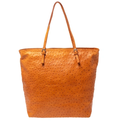 Pre-owned Furla Orange Ostrich Embossed Leather Shopper Tote