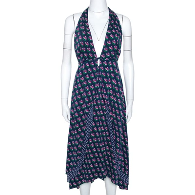 Pre-owned Diane Von Furstenberg Navy Blue Zen Floral Print Silk Leyland Halter Dress Xl