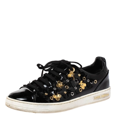 Pre-owned Louis Vuitton Black Patent Leather Frontrow Blossom Floral Embellished Low Top Sneakers Size 37