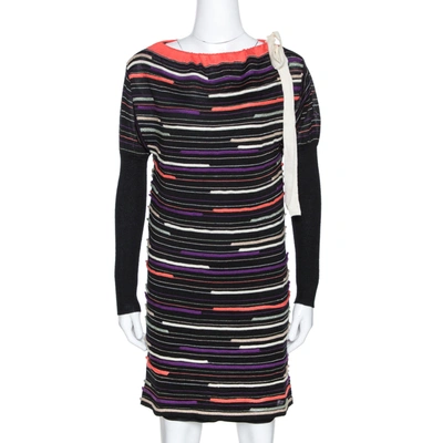 Pre-owned M Missoni Black Embossed Stripe Lurex Wool Knit Mini Dress S