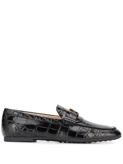 Tod's Crocodile-effect Leather Loafers In Black