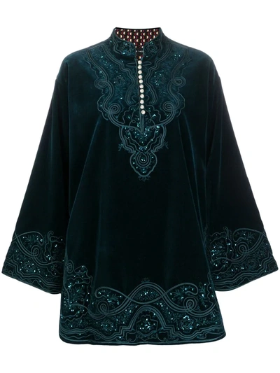 Etro Button-embellished Embroidered Velvet Mini Dress In Green