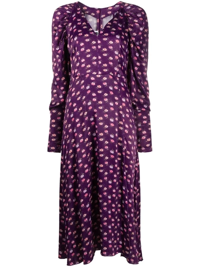 Rotate Birger Christensen Pansy Print Midi Dress In Purple