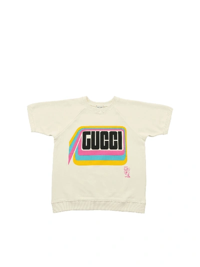 Gucci Kids' Short Sleeve Sweatshirt In Ivory Color In White