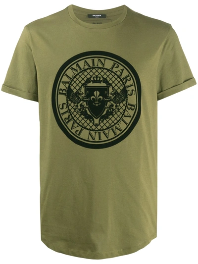 Balmain Short-sleeved T-shirt With Flocked Crest In Green