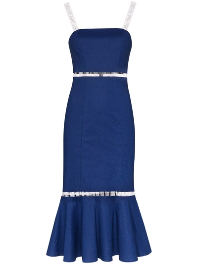 Staud Lychee Crochet-paneled Linen-blend Midi Dress In Blue