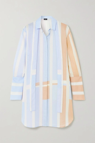 Akris Pussy-bow Striped Woven Mini Shirt Dress In Blue