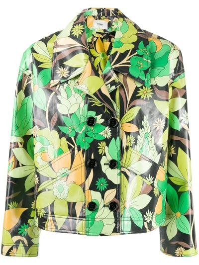 Fendi Double-breasted Floral-print Coated Cotton-twill Jacket In Brown,green,grey