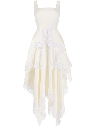 Alexander Mcqueen Asymmetric Crocheted Lace-trimmed Linen Floral-jacquard Dress In White