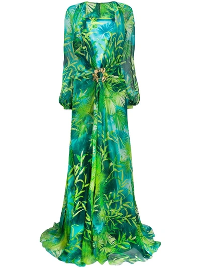 Versace Crystal-embellished Printed Silk-chiffon Gown In Green