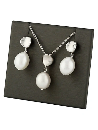 Saks Fifth Avenue Sterling Silver & 8mm Oval Freshwater Pearl Pendant Necklace & Earrings Set