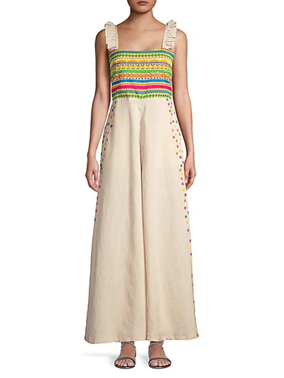 All Things Mochi Elena Embroidered Wide-leg Jumpsuit In Greige