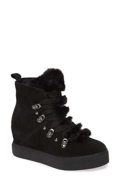 J/slides Whitney Faux Fur & Suede Hidden Wedge-heel Booties In Black Suede