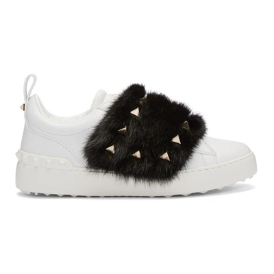 Valentino Garavani Open Mink Fur-trimmed Leather Sneakers In White